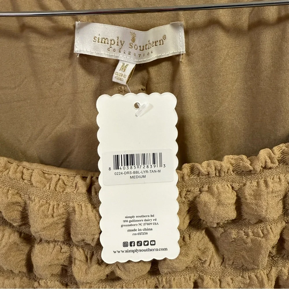 NWT Simply Southern Medium Tan Bubble Babydoll Dress Ruffle Long Sleeve Texture